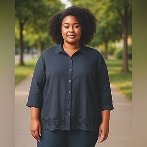 Oscar De La Renta Linen Button Down Shirt Eyelet Floral Trim Blue XL Laganlook